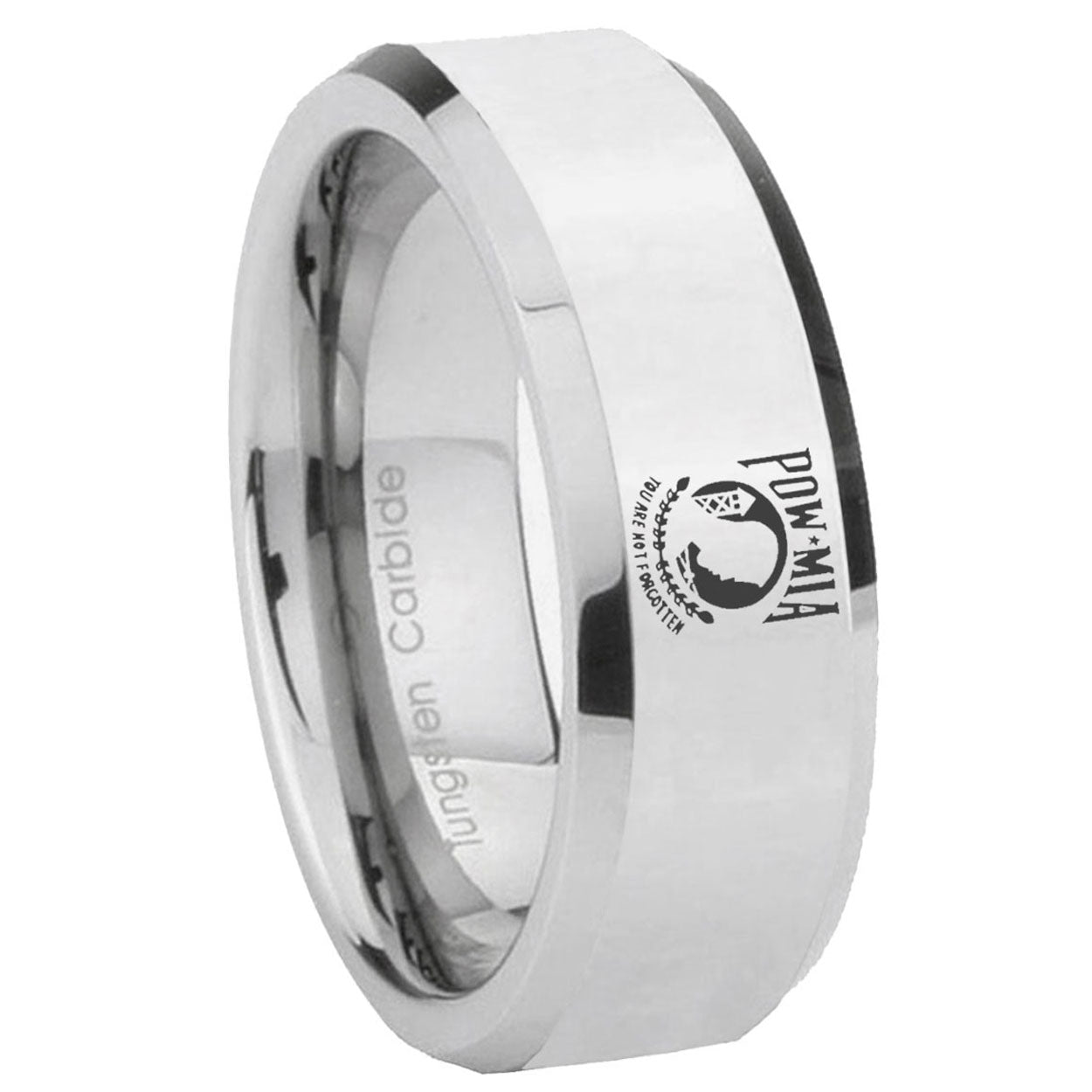 8MM Military Pow Bevel Bevel Polish Silver Tungsten Band