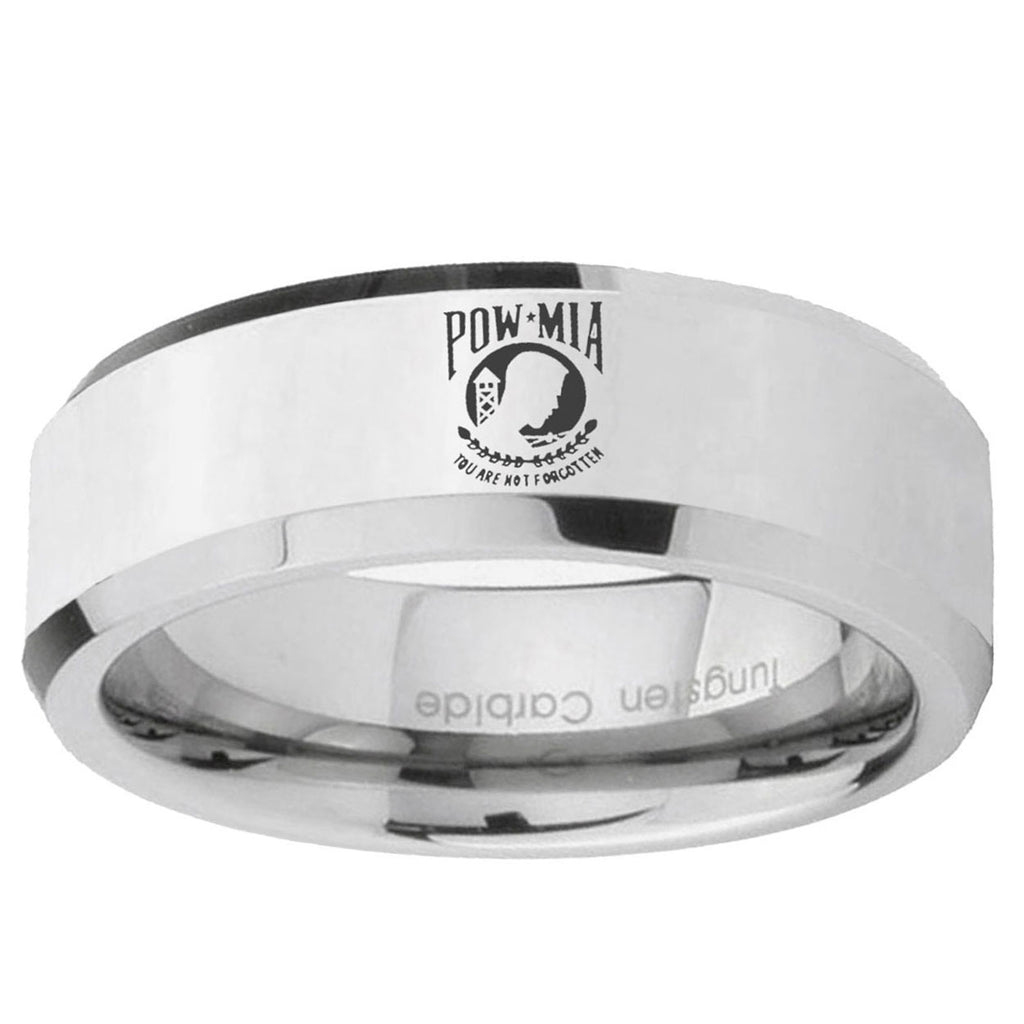 10mm Military Pow Beveled Edge Silver Tungsten Ring