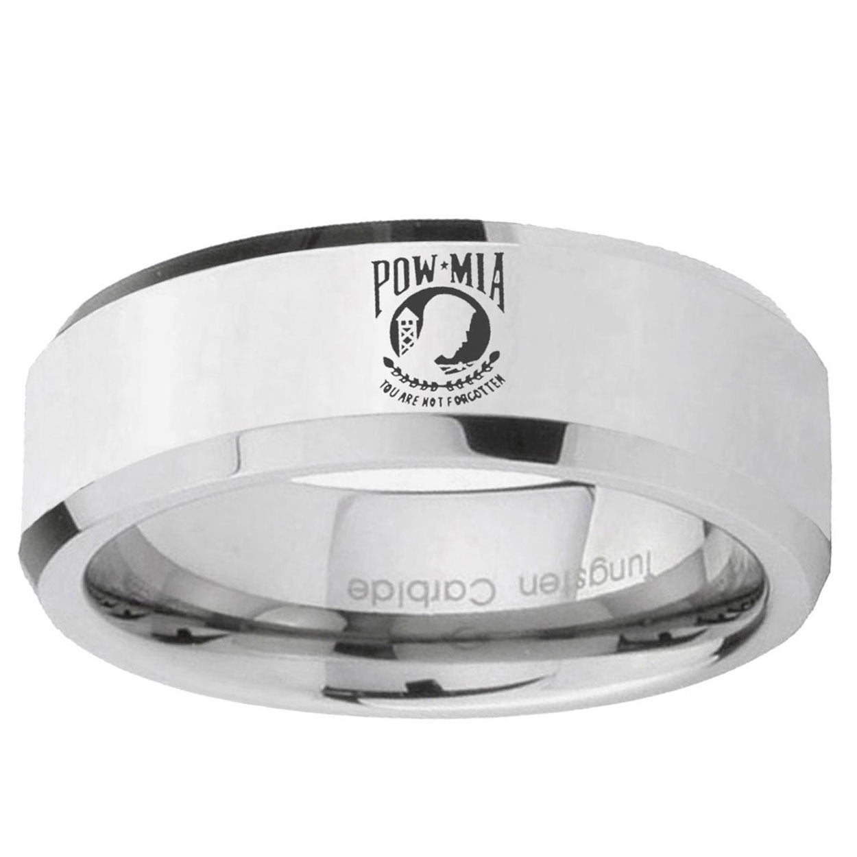 10mm Military Pow Beveled Edge Silver Tungsten Ring
