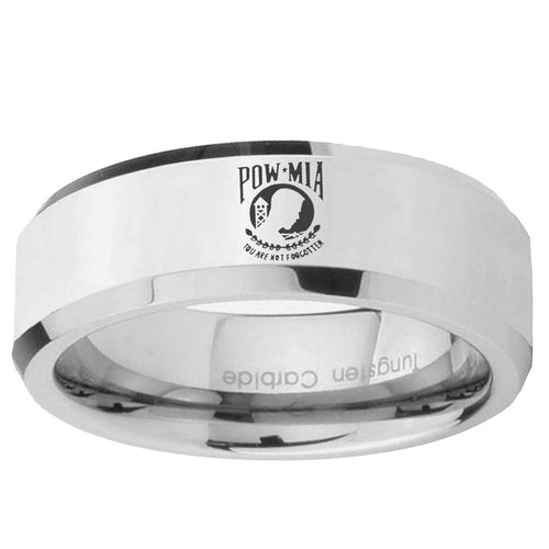 10mm Military Pow Beveled Edge Silver Tungsten Ring