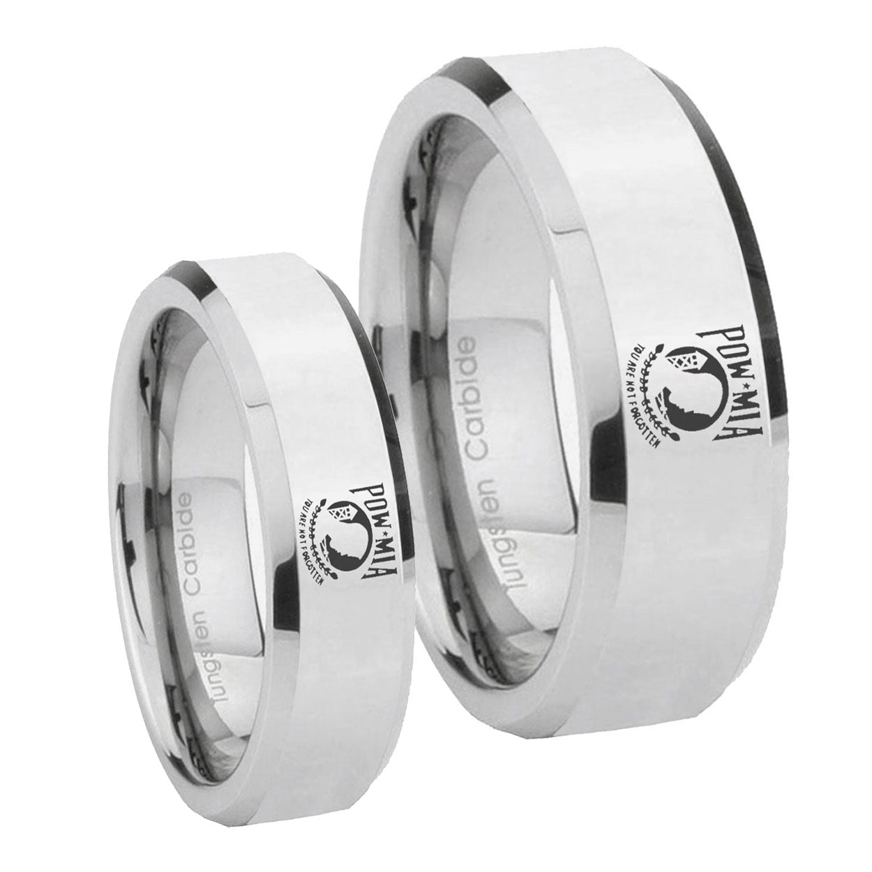 Military Pow Beveled Edges Silver Tungsten Couples Ring Set