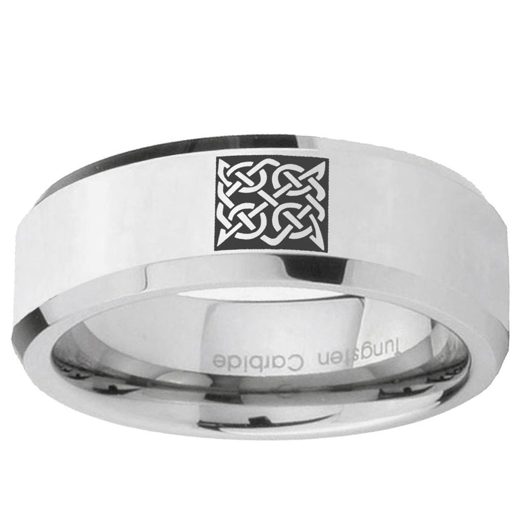 10mm Celtic Design Beveled Edge Silver Tungsten Ring