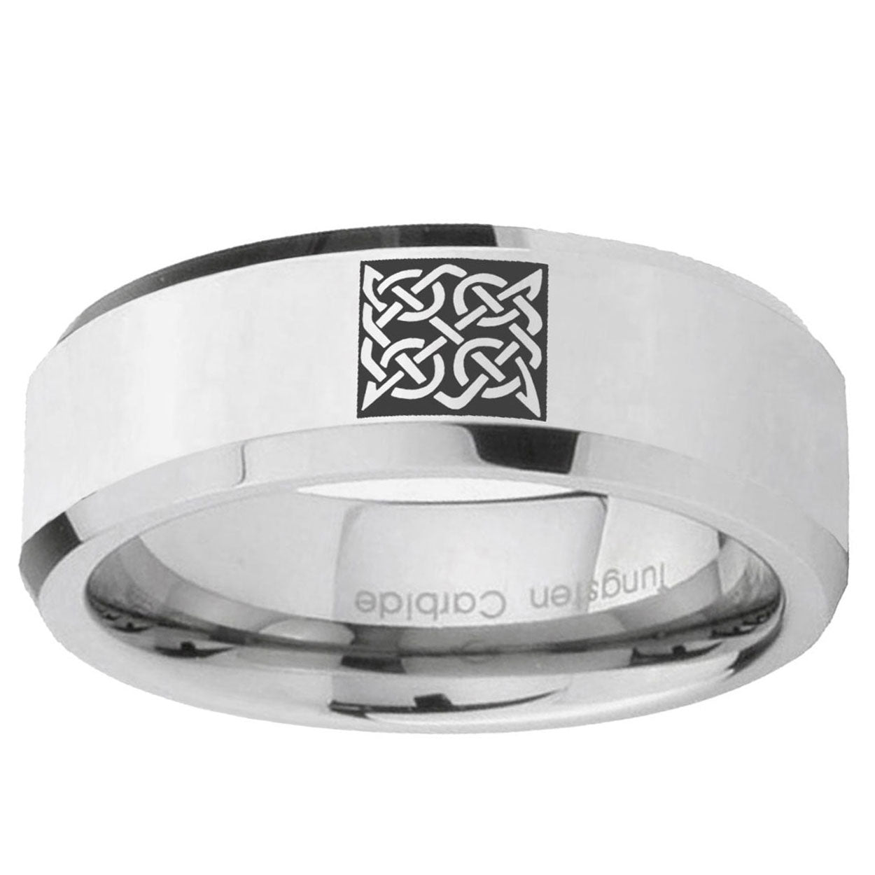 10mm Celtic Design Beveled Edge Silver Tungsten Ring