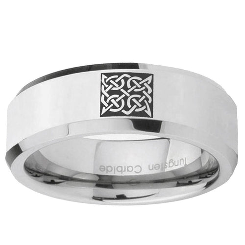 10mm Celtic Design Beveled Edge Silver Tungsten Ring