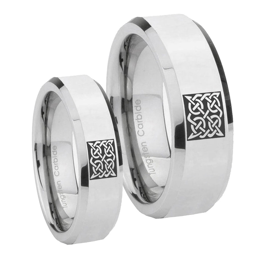 Celtic Design Beveled Edges Silver Tungsten Couples Ring Set