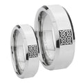 Celtic Design Beveled Edges Silver Tungsten Couples Ring Set