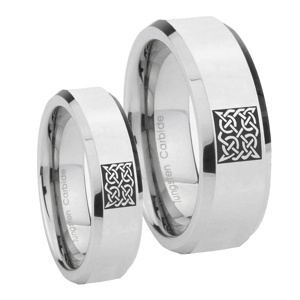 Celtic Design Beveled Edges Silver Tungsten Couples Ring Set