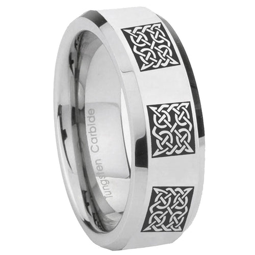 10mm Multiple Celtic Beveled Edges Silver Tungsten Mens Ring Personalized