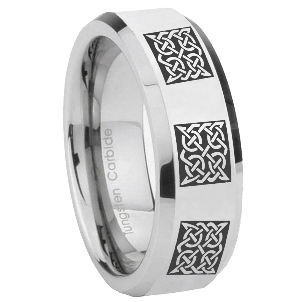 8MM Multiple Celtic Bevel Polish Silver Tungsten Mens Ring