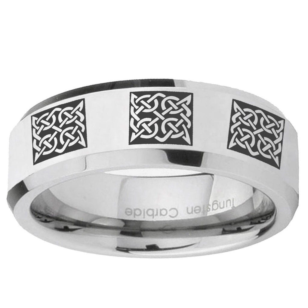 10mm Multiple Celtic Beveled Edge Silver Tungsten Ring