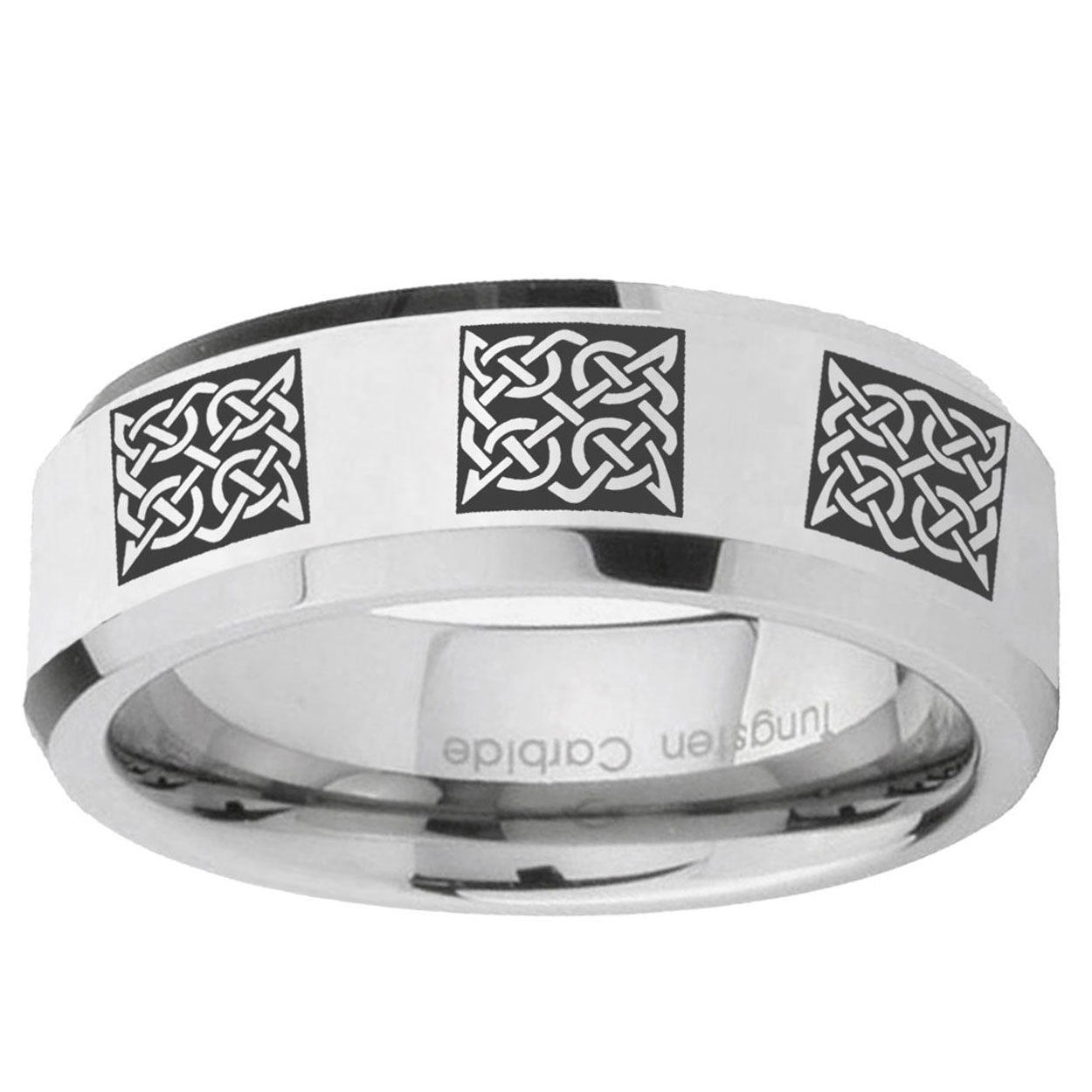 10mm Multiple Celtic Beveled Edge Silver Tungsten Ring