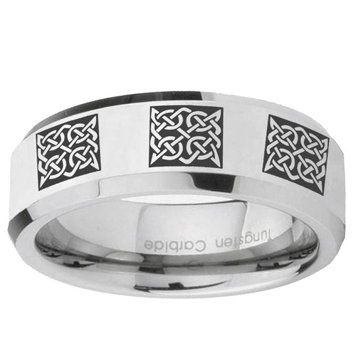 10mm Multiple Celtic Beveled Edge Silver Tungsten Ring