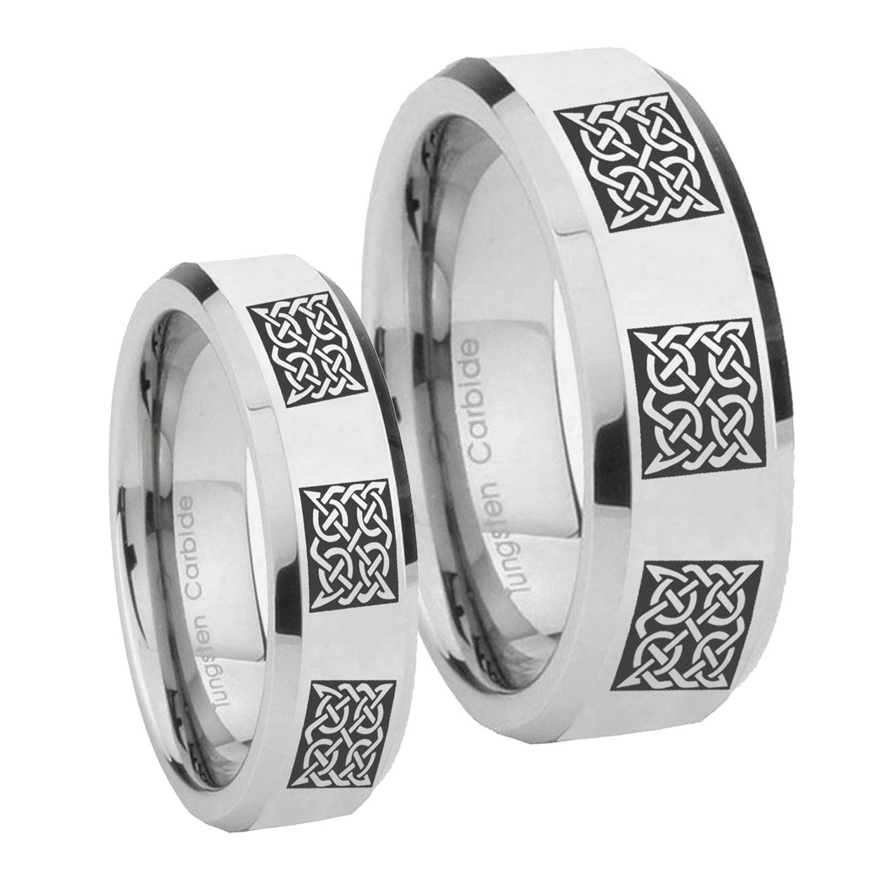 Multiple Celtic Beveled Edges Silver Tungsten Bridal Band Set