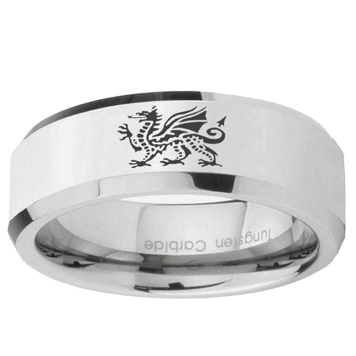 10mm Dragon Beveled Edge Silver Tungsten Ring