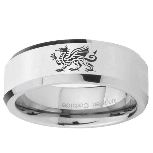 10mm Dragon Beveled Edge Silver Tungsten Ring
