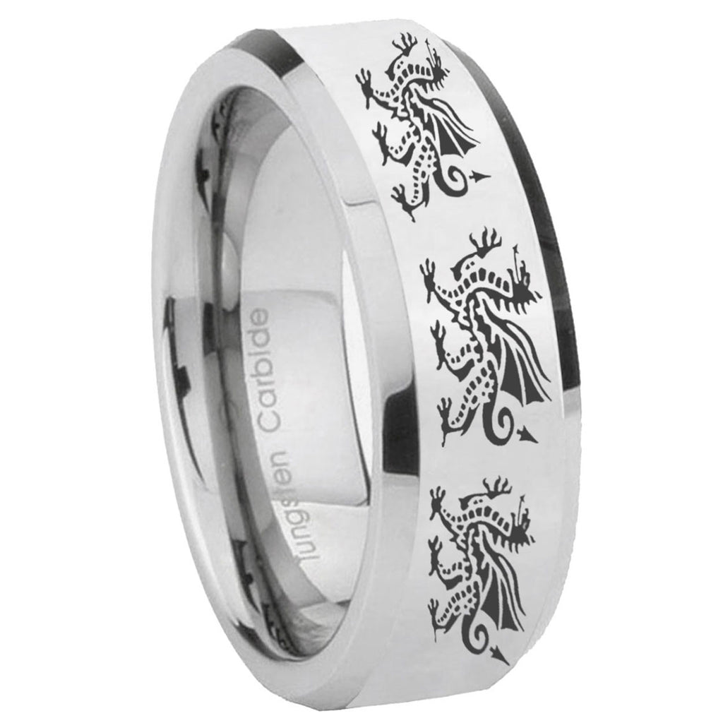 10mm Multiple Dragon Beveled Edges Silver Tungsten Carbide Mens Ring Engraved