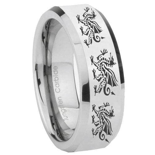 10mm Multiple Dragon Beveled Edges Silver Tungsten Carbide Mens Ring Engraved