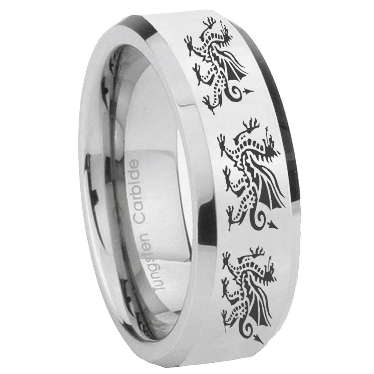 8MM Multiple Dragon Bevel Polish Silver Tungsten Mens Promise Ring