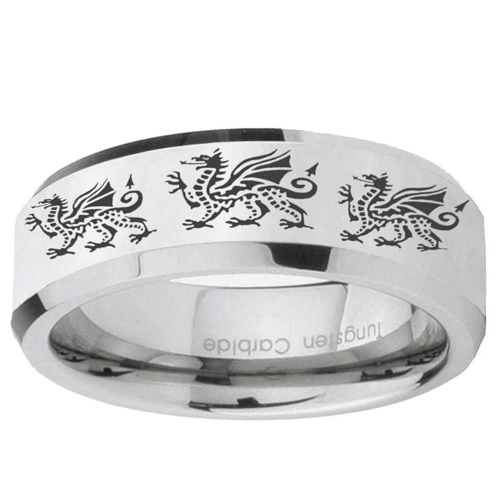 10mm Multiple Dragon Beveled Edge Silver Tungsten Ring
