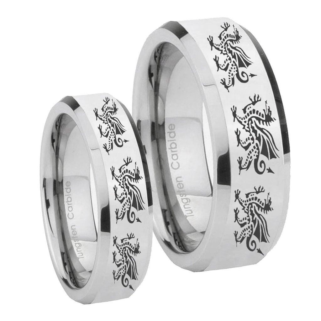 Multiple Dragon Beveled Edges Silver Tungsten Matching Ring Set