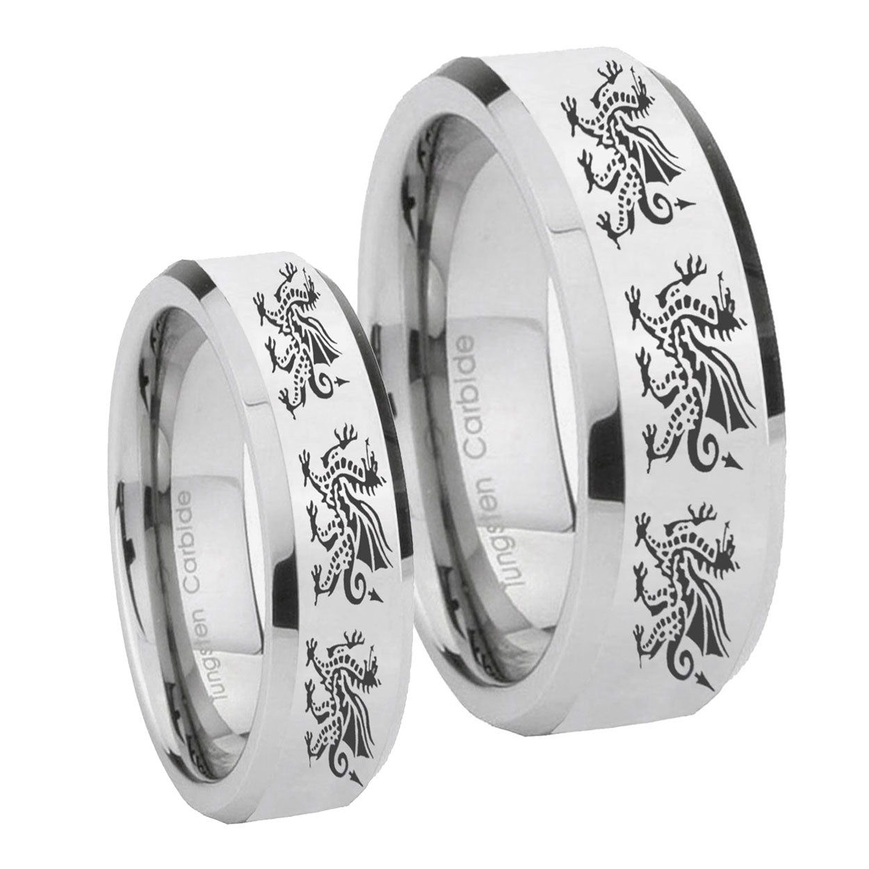 Multiple Dragon Beveled Edges Silver Tungsten Matching Ring Set
