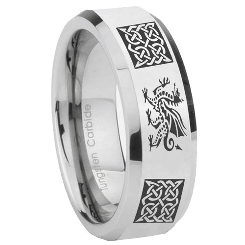 10mm Multiple Dragon Celtic Beveled Edges Silver Tungsten Carbide Bands Ring