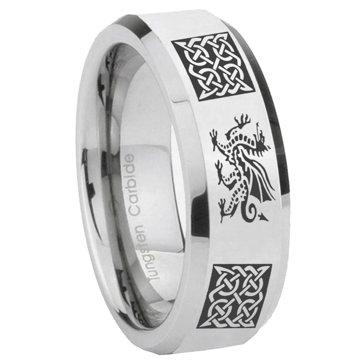 8MM Multiple Dragon Celtic Bevel Polish Silver Tungsten Wedding Band