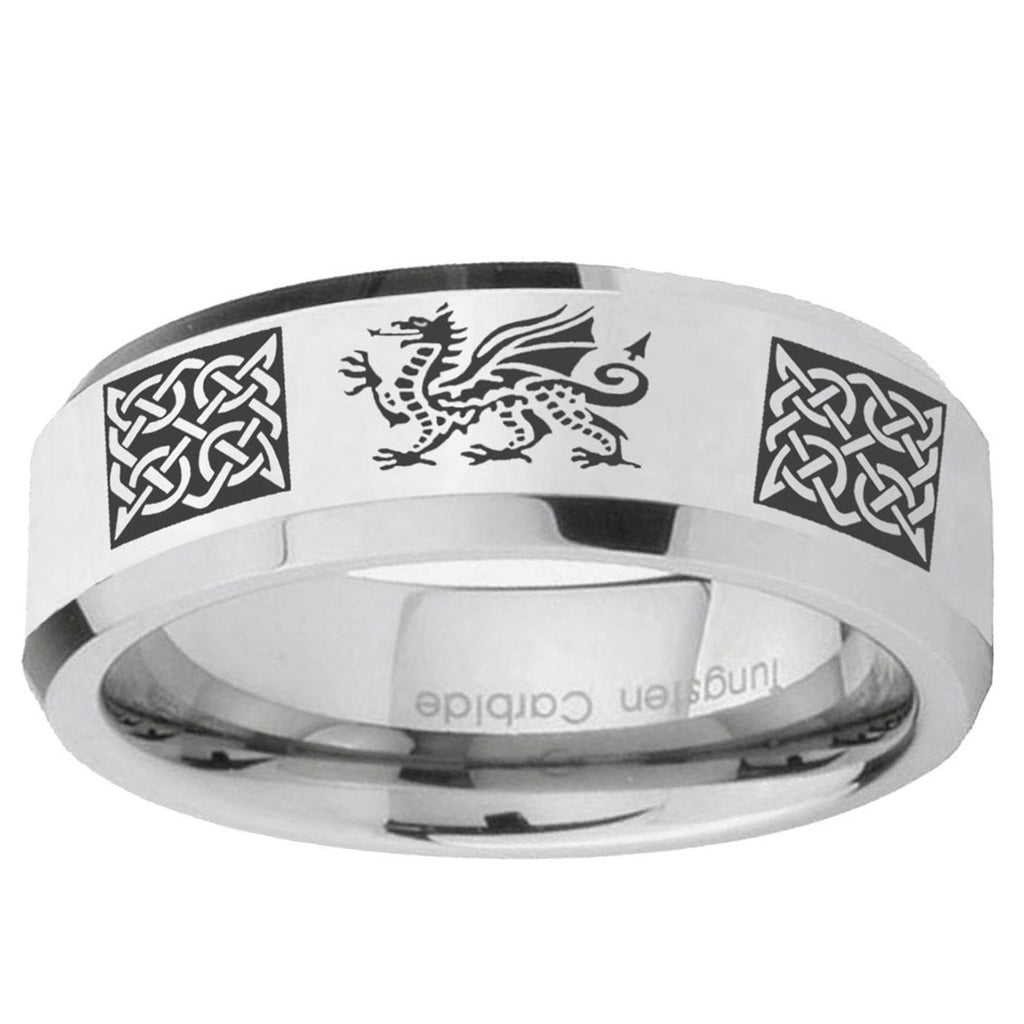 10mm Multiple Dragon Celtic Beveled Edge Silver Tungsten Ring
