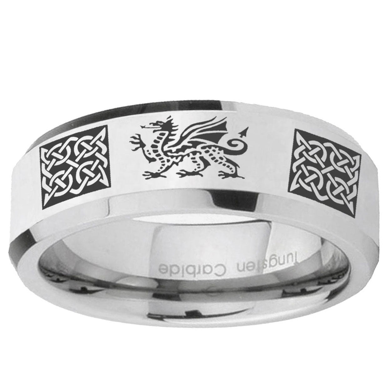 10mm Multiple Dragon Celtic Beveled Edge Silver Tungsten Ring