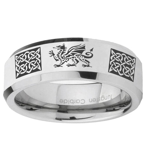 10mm Multiple Dragon Celtic Beveled Edge Silver Tungsten Ring