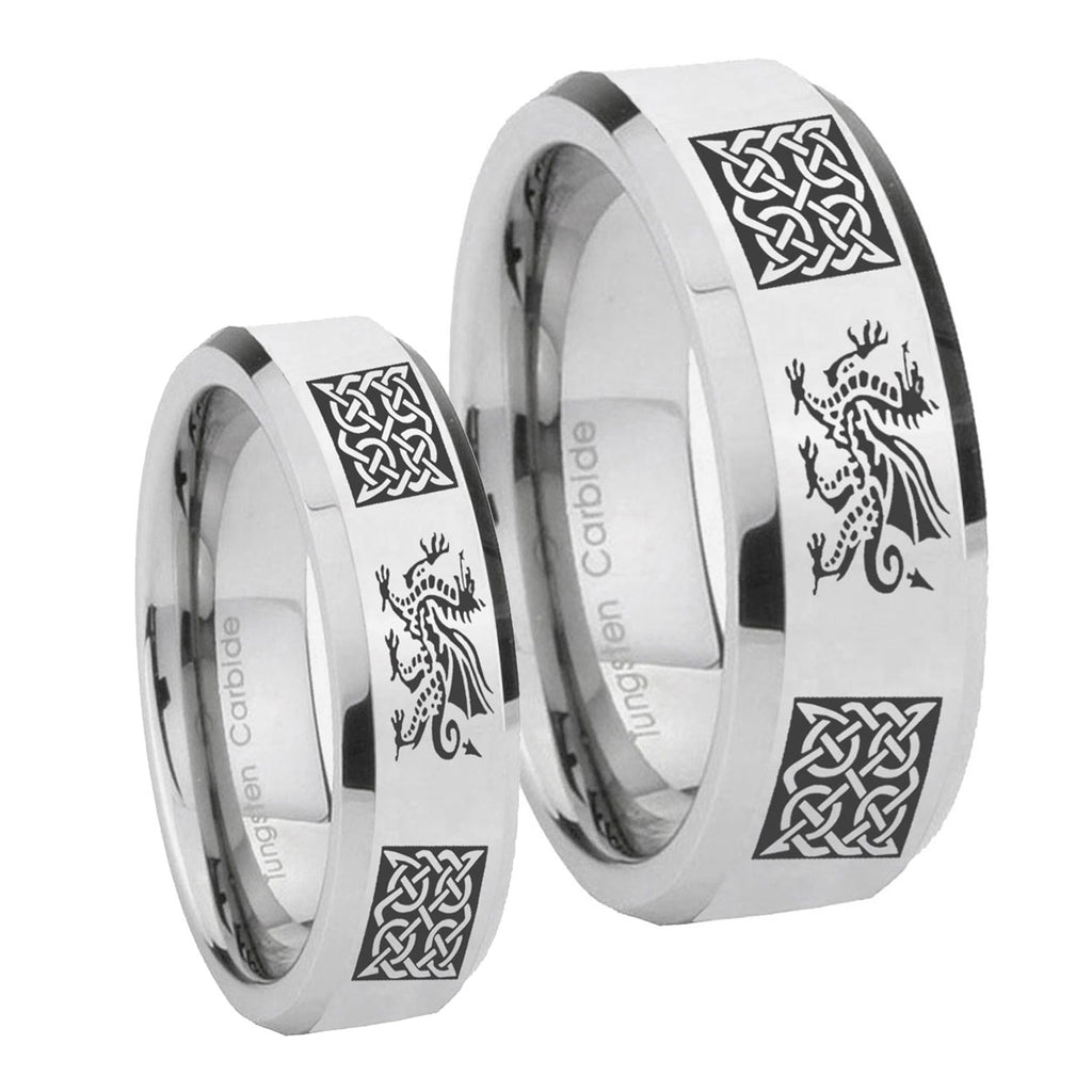 Multiple Dragon Celtic Beveled Silver Tungsten His Hers Ring Set
