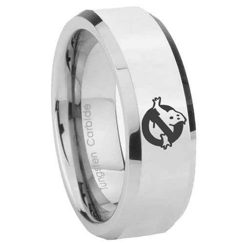 10mm Ghostbusters Beveled Edges Silver Tungsten Carbide Mens Wedding Band