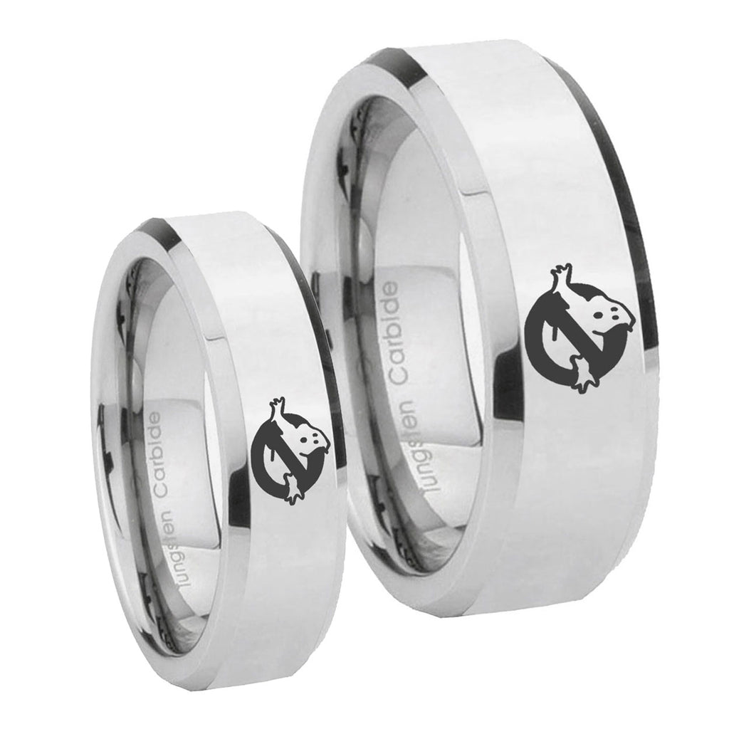 Ghostbusters Beveled Edges Silver Tungsten Mens Ring Set