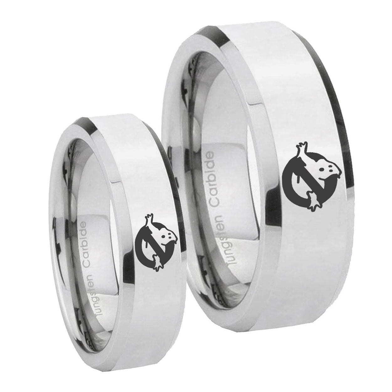 Ghostbusters Beveled Edges Silver Tungsten Mens Ring Set
