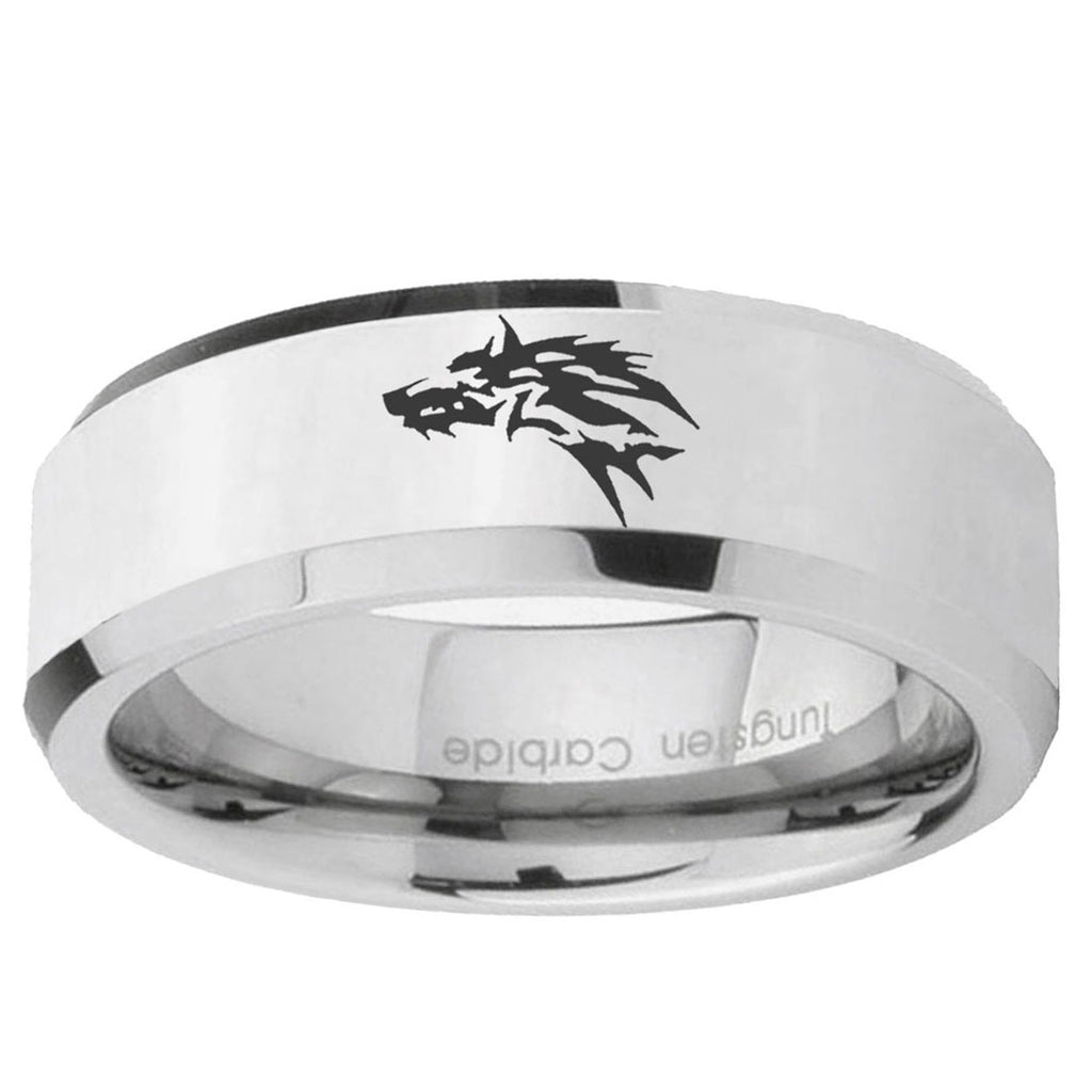 10mm Wolf Beveled Edge Silver Tungsten Ring