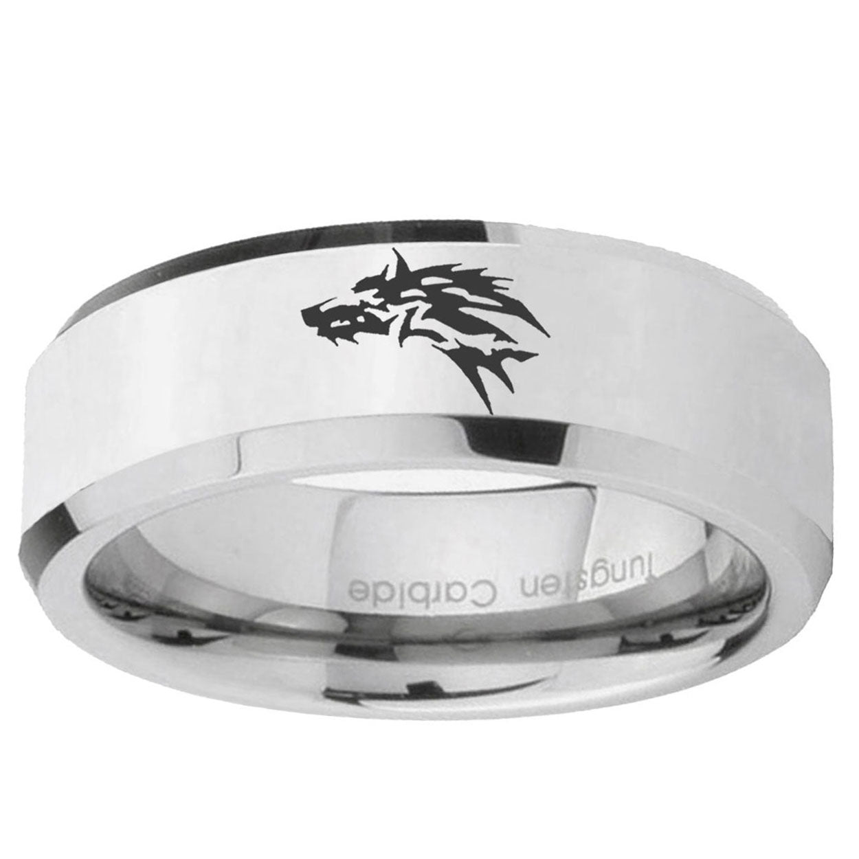 10mm Wolf Beveled Edge Silver Tungsten Ring