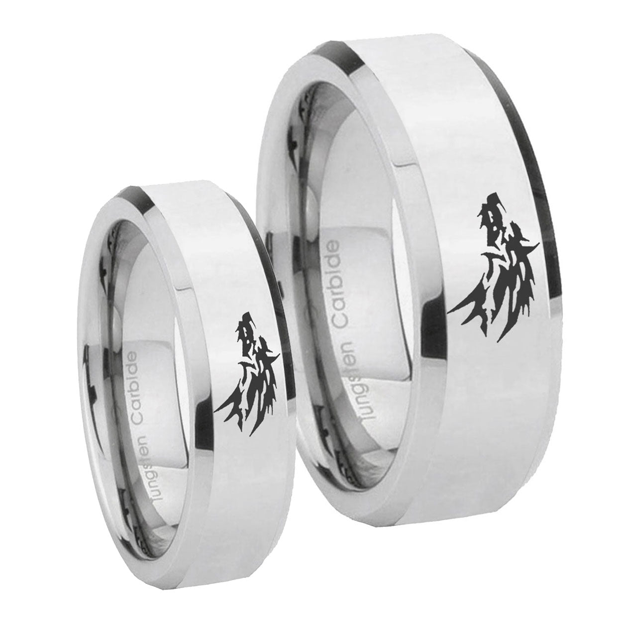 Wolf Beveled Edges Silver Tungsten His and Hers