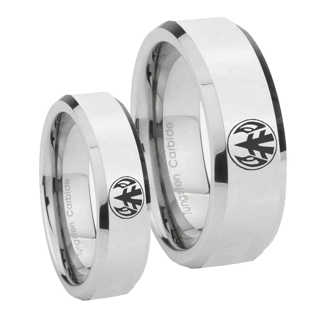 Love Power Rangers Beveled Silver Tungsten Matching Ring Set