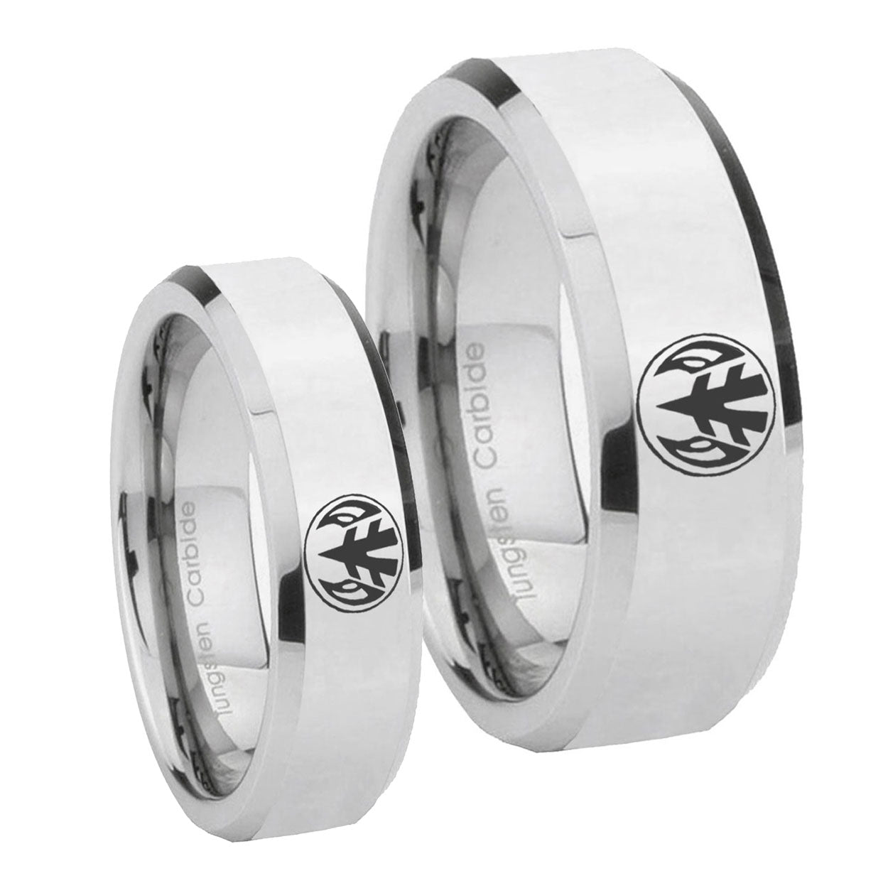Love Power Rangers Beveled Silver Tungsten Matching Ring Set