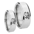 Seeing Eye Beveled Edges Silver Tungsten Bridal Ring Set