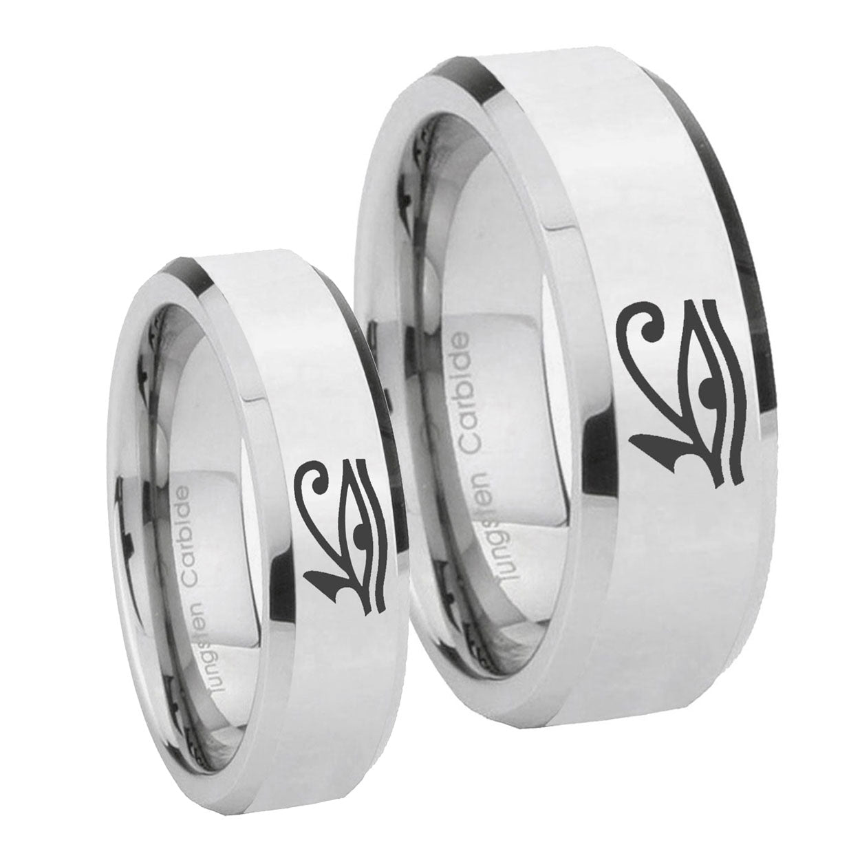 Seeing Eye Beveled Edges Silver Tungsten Bridal Ring Set