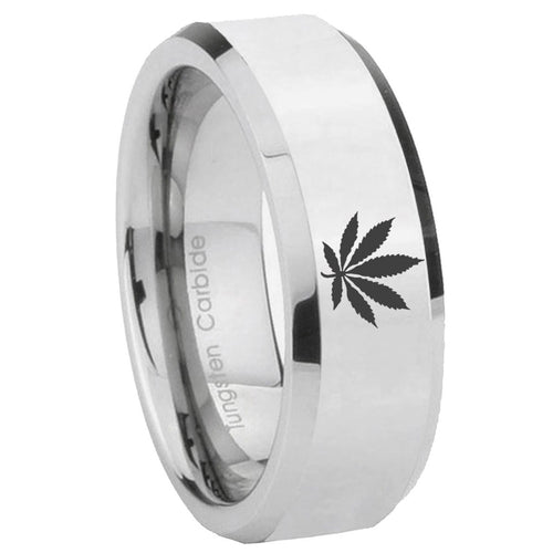 10mm Marijuana Leaf Beveled Edges Silver Tungsten Carbide Men's Wedding Ring