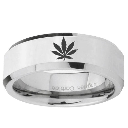 10mm Marijuana Leaf Beveled Edge Silver Tungsten Ring
