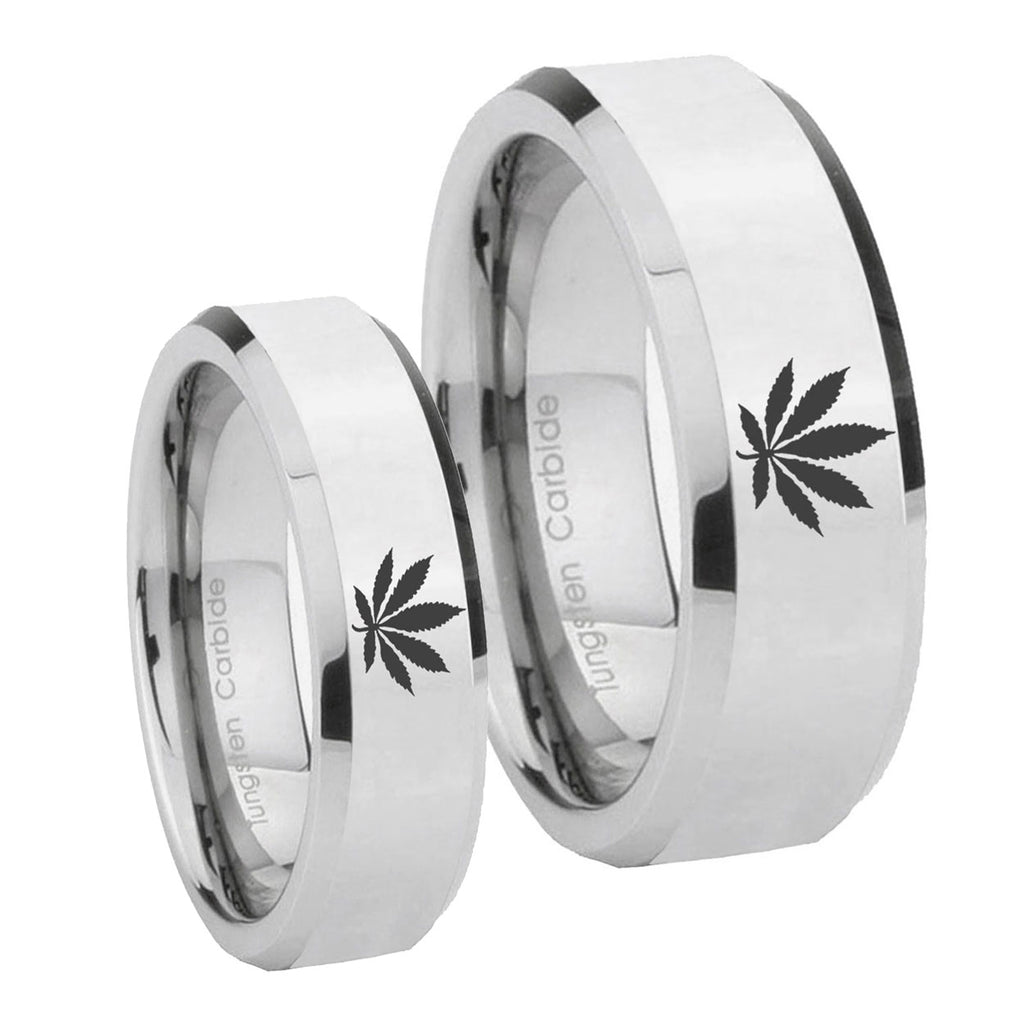 Marijuana Leaf Beveled Edges Silver Tungsten Mens Set Rings