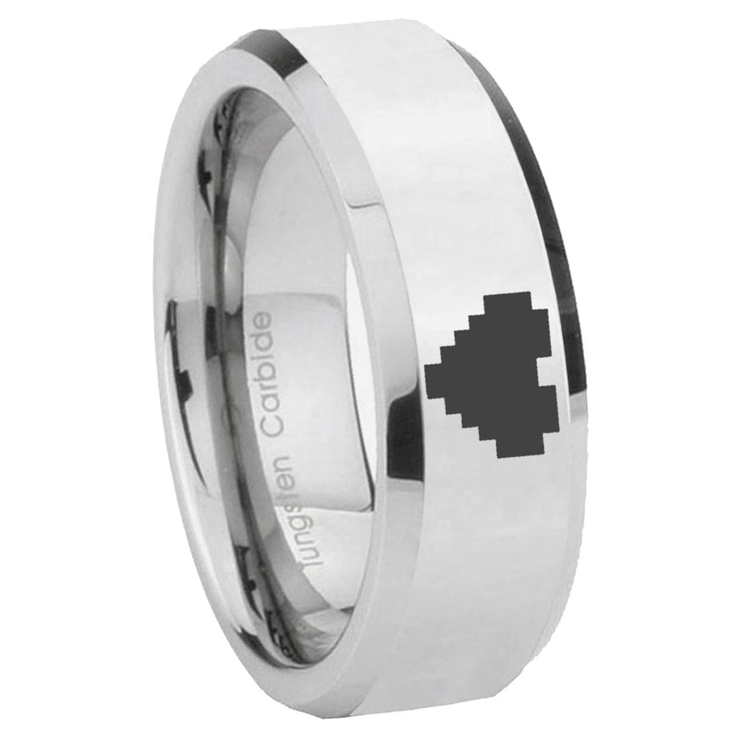 10mm Beveled Zelda Heart Mirror Beveled Edges Silver Tungsten Carbide Ring