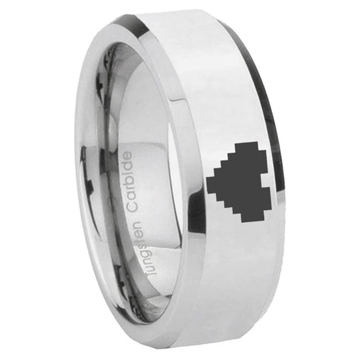 10mm Beveled Zelda Heart Mirror Beveled Edges Silver Tungsten Carbide Ring