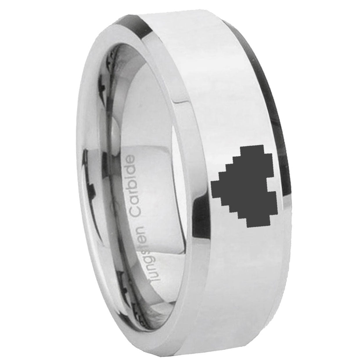 8MM Zelda Heart Bevel Polish Silver Tungsten Mens Wedding Ring