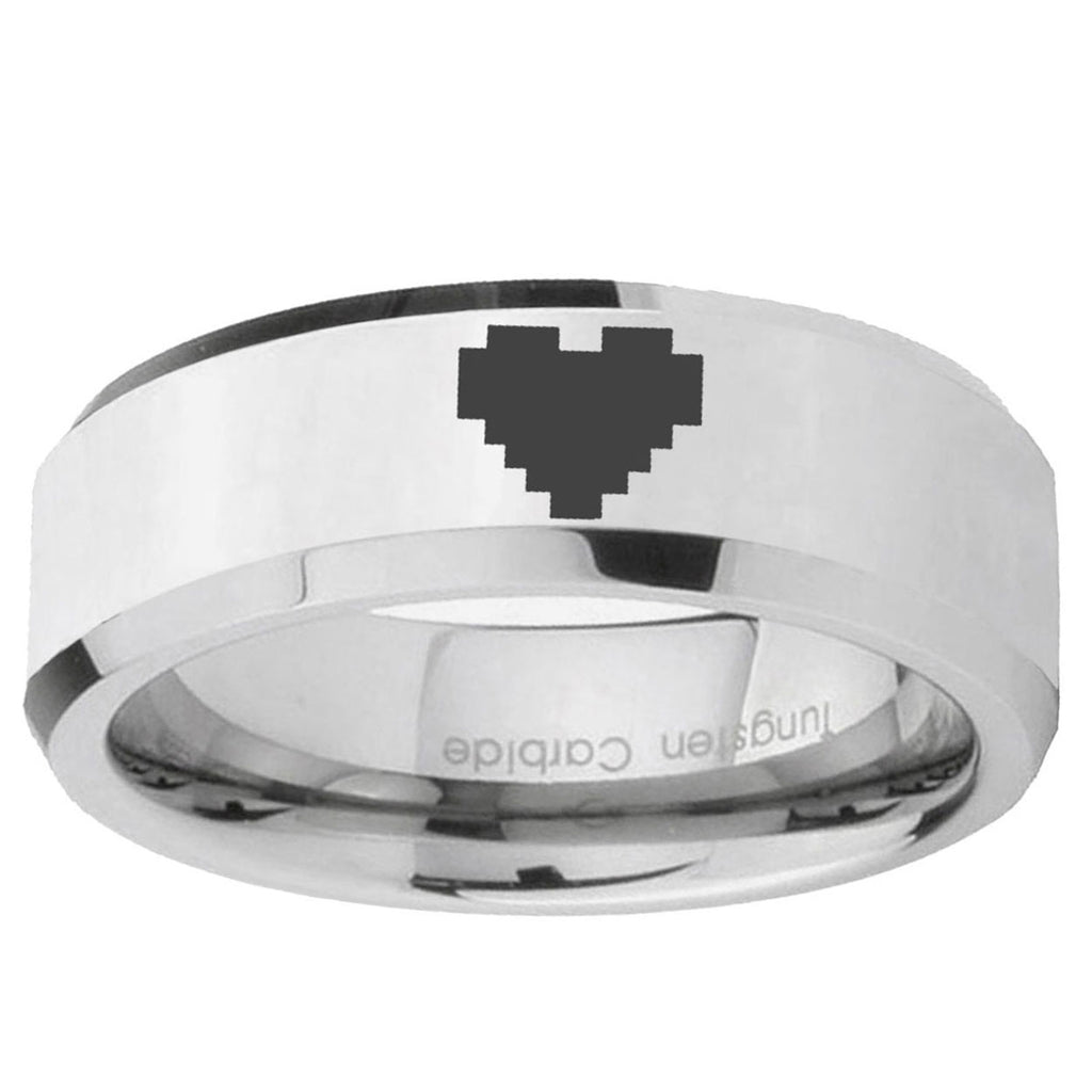 10mm Beveled Zelda Heart Mirror Beveled Edge Silver Tungsten Carbide Ring