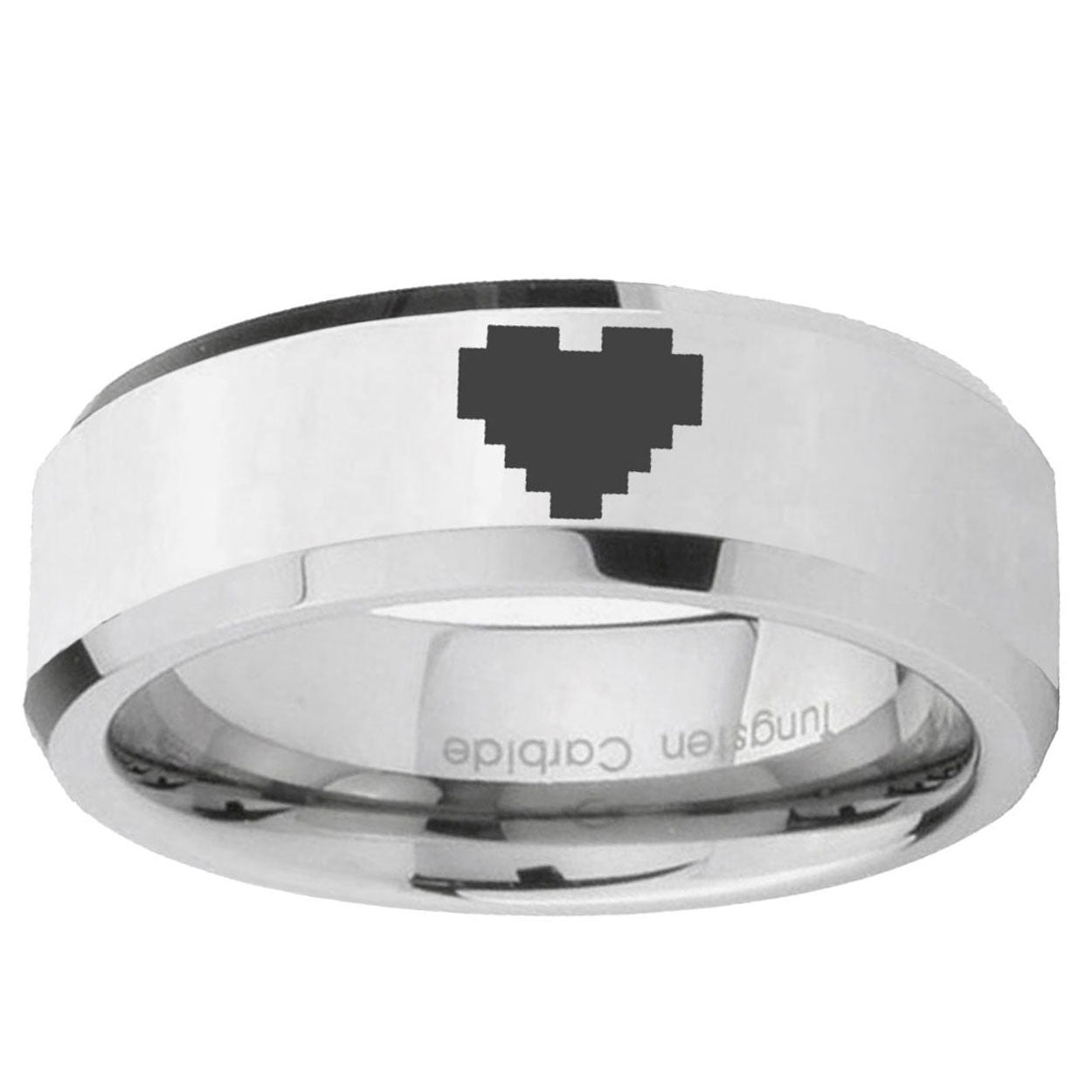 10mm Beveled Zelda Heart Mirror Beveled Edge Silver Tungsten Carbide Ring