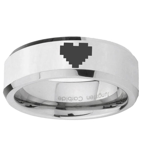 10mm Beveled Zelda Heart Mirror Beveled Edge Silver Tungsten Carbide Ring